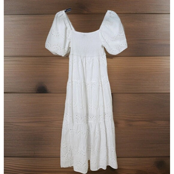 Meadow Rhodes Tiered Eyelette Maxi Dress Womens SM Balloon Sleeve Smocked NWT - Picture 2 of 6